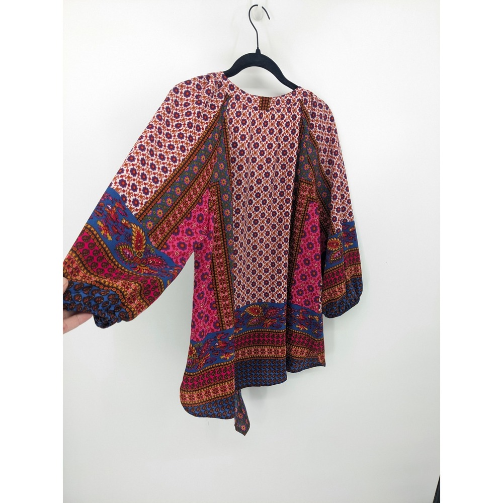 Fig and Flower Blouse Womens 1X Pink Colorful Button Down Floral‎ Tie Front Boho - Picture 4 of 9